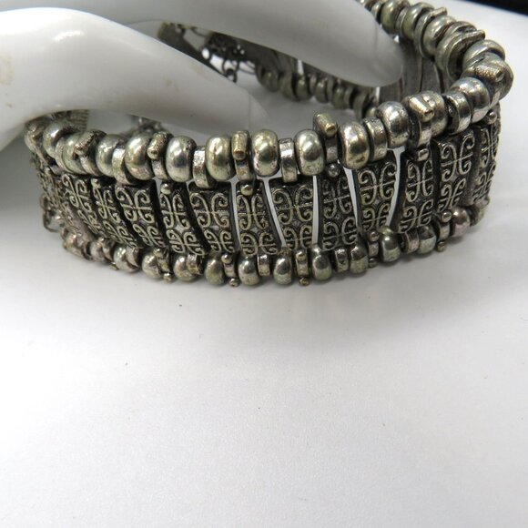 Egyptian Style Bracelet Antiqued Silver Tone Intricate Patterns Chain Extension - Picture 1 of 13